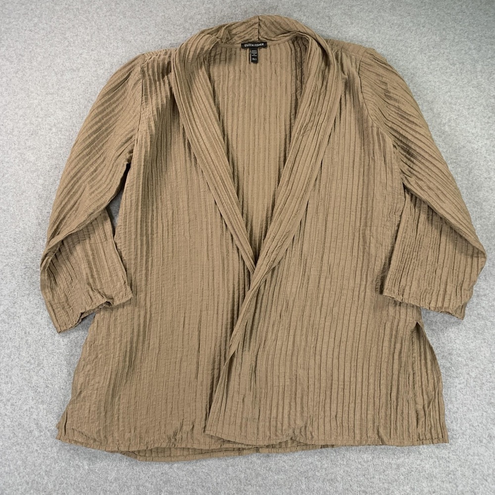 Eileen Fisher Organic Cotton Coatigan Womens Small Brown Crinkle Knit Open Front